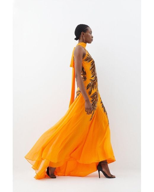 Karen Millen Orange Petite Halter Neck Feather Sequin Detail Woven Maxi Dress