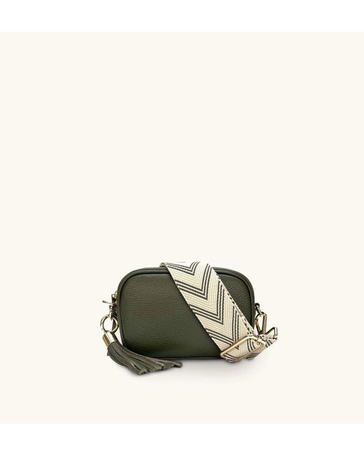 Apatchy London The Mini Tassel Olive Green Leather Phone Bag With Olive Green Arrow Strap