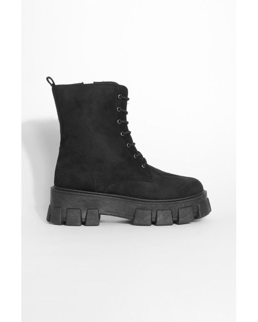Boohoo Black Wide Fit Chunky Sole Lace Up Hiker Boots