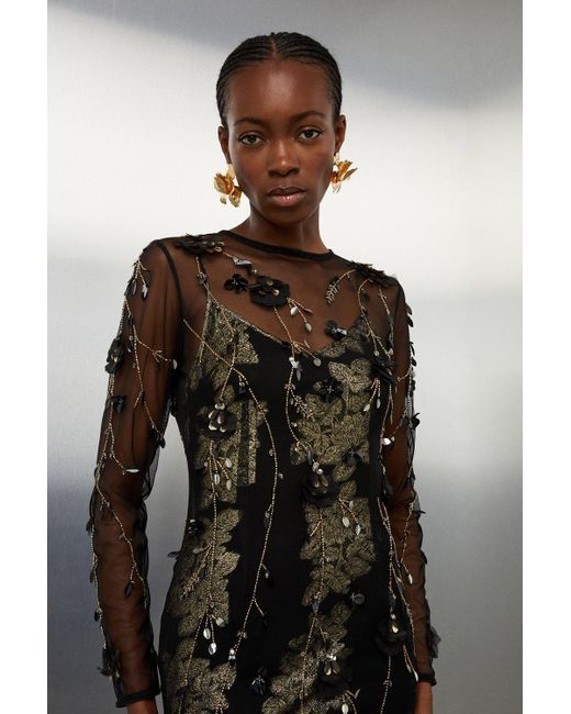 Karen Millen Black Petite Floral Applique Metallic Viscose Georgette Woven Maxi Dress
