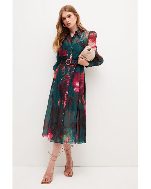 Karen Millen Multicolor Pressed Floral Organdie Belted Midi Dress