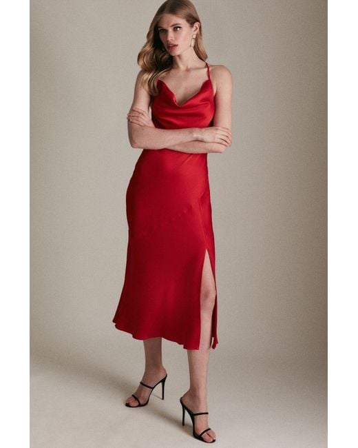 Karen Millen Red Satin Cowl Neck Woven Midi Slip Dress