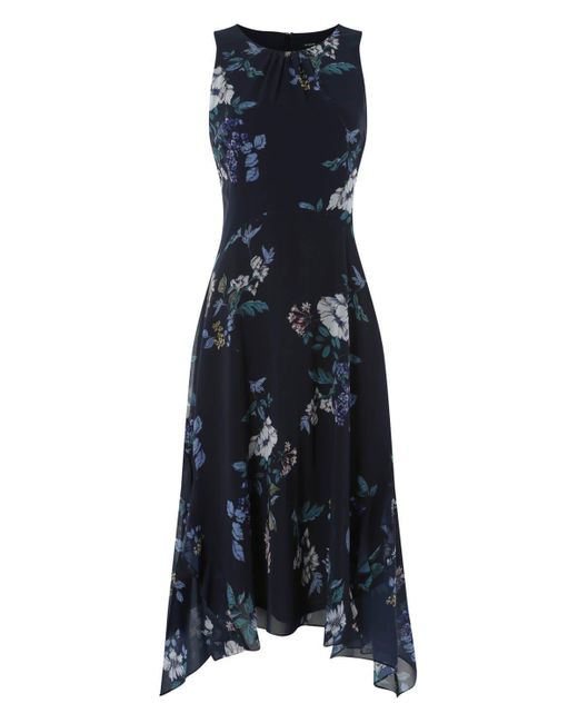 Roman Blue Floral Hanky Hem Ruffle Midi Dress