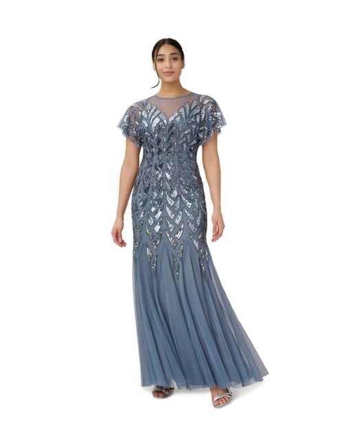 Adrianna Papell Blue Beaded Illusion Long Gown