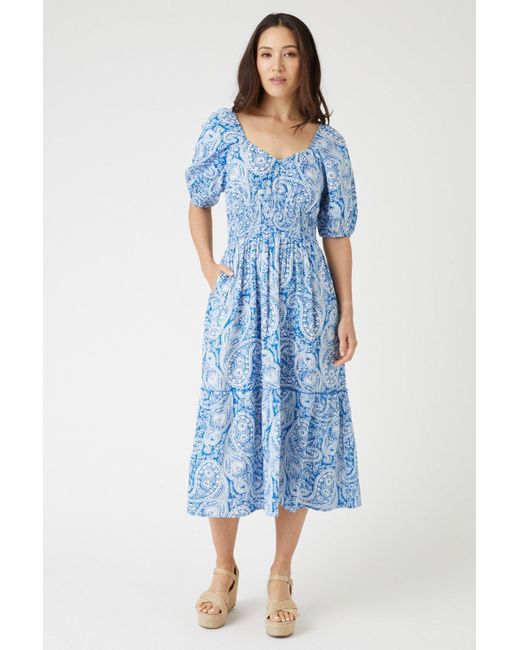 Wallis Blue Paisley Print Linen Look Puff Sleeve Midi Dress
