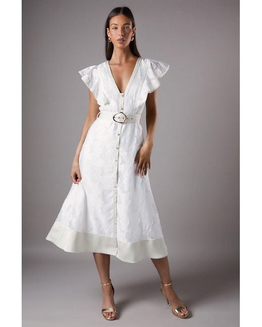 Coast Gray V Neck Organza Jacquard Button Down Midi Dress