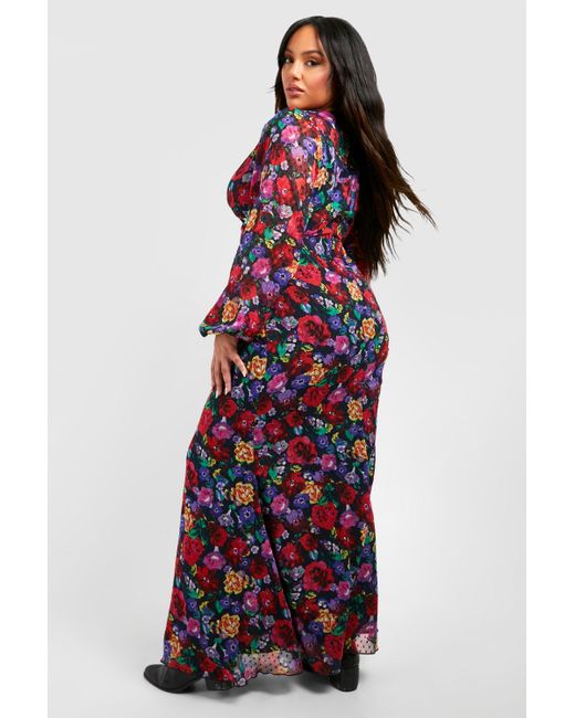 Boohoo Red Plus Floral Print Dobby Mesh Cut Out Maxi Dress