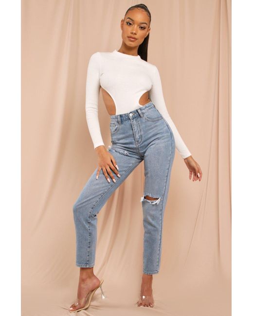 MissPap Blue High Waisted Distressed Straight Leg Jeans