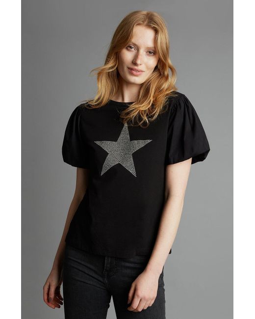 Dorothy Perkins Black Sequin Star Puff Sleeve T-shirt