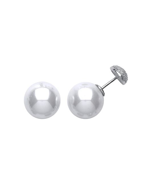 Jewelco London Metallic Silver Cz Simulated Pearl Double Side Stud Earrings 12mm