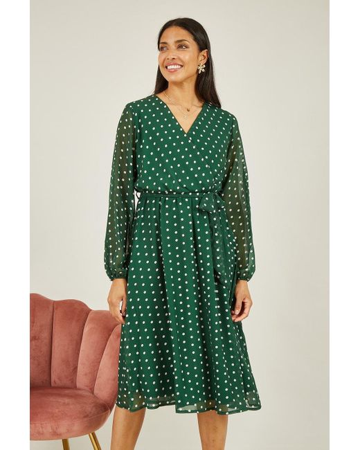 Mela Green Polka Dot Long Sleeve Midi Wrap Dress