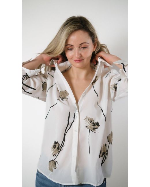 The Colourful Aura Gray White Chiffon Long Sleeve Floral Printed Loose Shirt