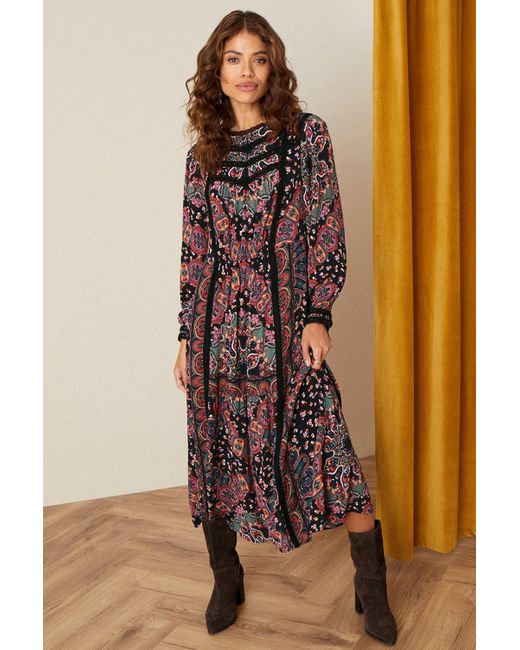 Monsoon Brown Lace Trim Printed Midi Dress