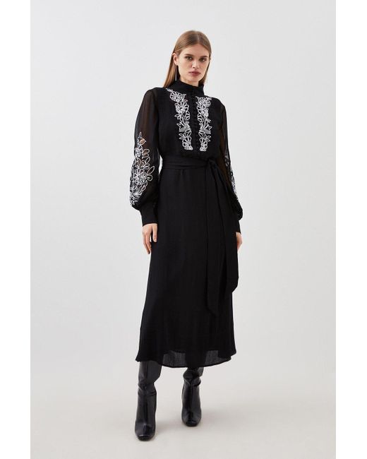 Karen Millen Black Petite Embroidery Bib Detail Woven Maxi Dress