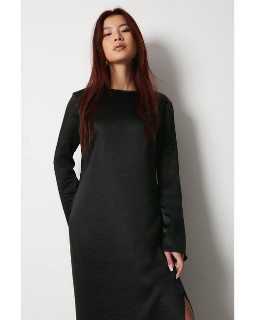 Warehouse Black Textured Satin Flare Sleeve Column Midi Dress