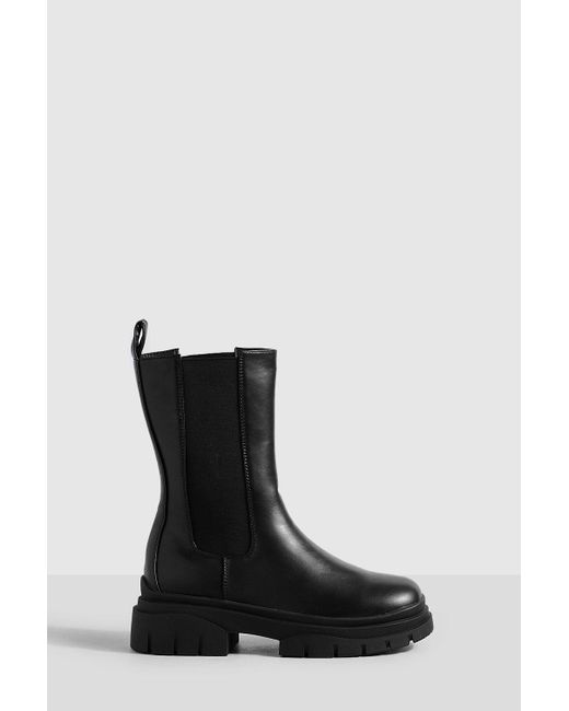 Boohoo Black Wide Width Wave Sole Calf Detail Chelsea Boots