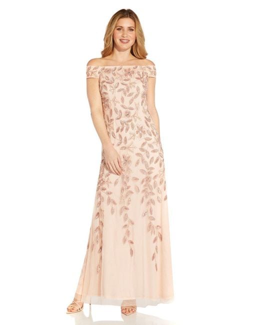 Adrianna Papell Natural Off Shoulder Beaded Vine Gown