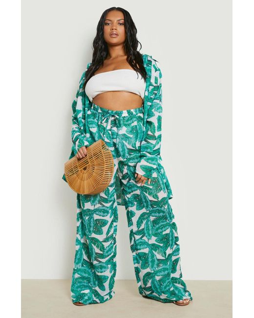 Boohoo Blue Plus Palm Print Beach Pants