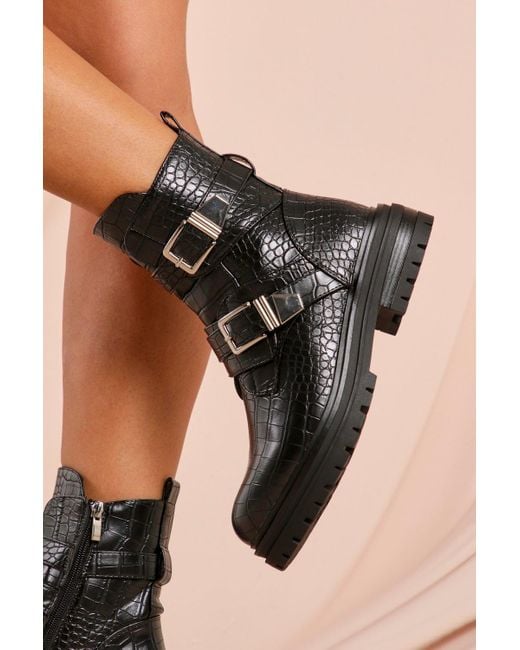 MissPap Black Croc Buckle Detail Ankle Boot