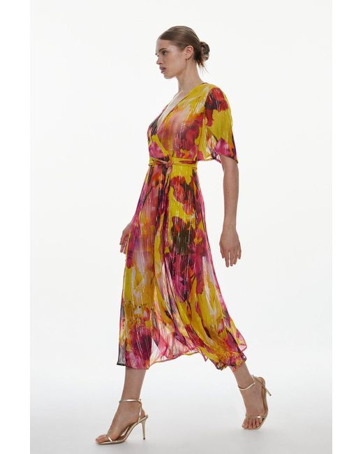 Karen Millen Multicolor Floral Sparkle Iridescent Wrap Midi Dress