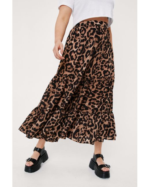 Nasty Gal Brown Plus Size Leopard Print Tiered Midi Skirt