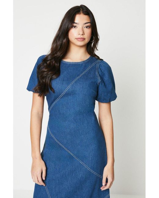 Oasis Blue Puff Sleeve Stitch Detail Denim Midi Dress