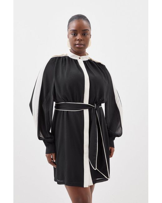 Karen Millen Black Plus Size Military Mono Belted Woven Mini Dress