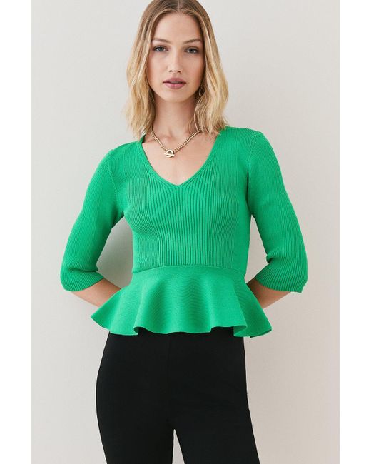 Karen Millen Green V Neck Half Sleeve Peplum Rib Knit Top