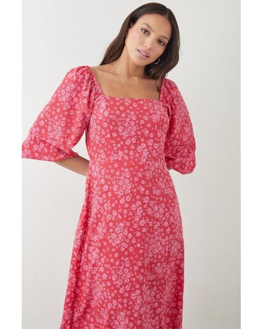 Dorothy Perkins Tall Pink Floral Square Neck Midi Dress