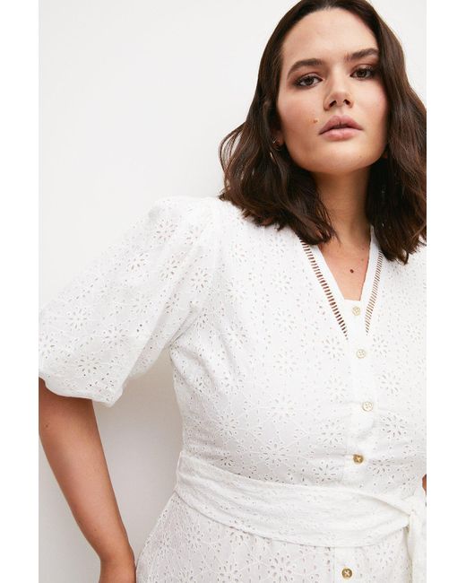 Karen Millen White Plus Size Cotton Broderie Belted Mini Dress