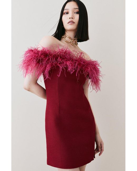 Karen Millen Red Boucle Feather Bardot Mini Dress