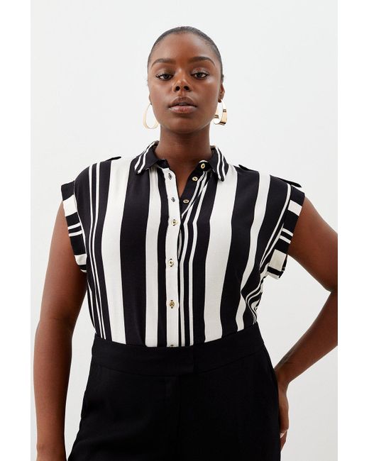Karen Millen Black Plus Size Striped Short Sleeve Woven Shirt