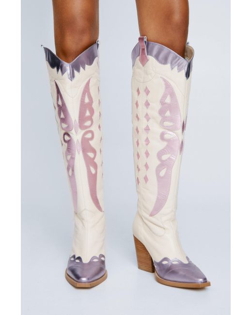 Nasty Gal White Leather Metallic Butterfly Knee High Cowboy Boots