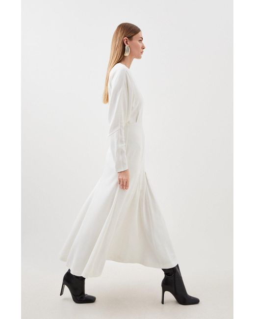 Karen Millen Natural Premium Woven Viscose Crepe V Neck Long Sleeve Midi Dress