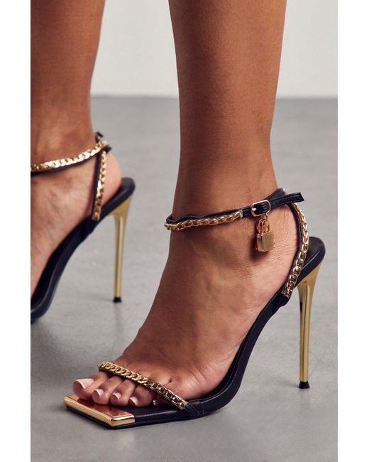 MissPap Brown Square Toe Chain Detail Strappy Heels