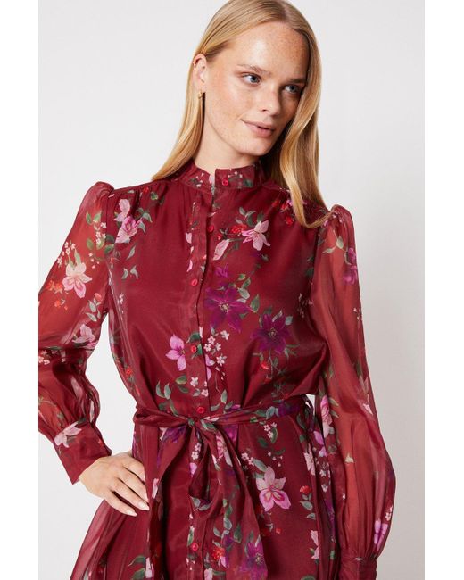 Oasis Red Berry Floral Organza Belted Midi Shirt Dress