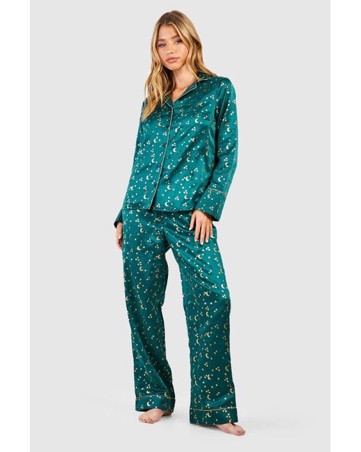 Boohoo Blue Premium Satin Moon & Star Pajama Set