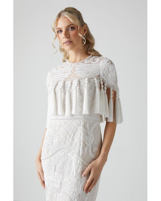 Coast White All Over Hand Embellished Midi Wedding Dress With Tassels
