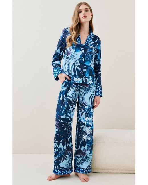 Karen Millen Blue Tropical Geo Satin Nightwear Trouser
