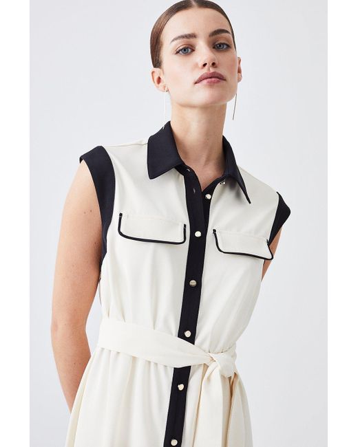 Karen Millen White Petite Twill Button Through Woven Midi Shirt Dress