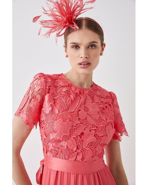 Coast Red Premium Floral Satin Lace Pleat Skirt Midi Dress