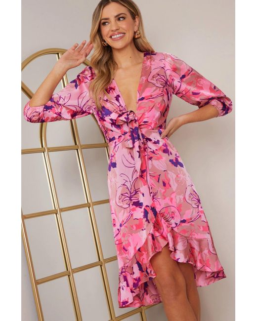 Chi Chi London Pink Tie Front Abstract Floral Print Dip Hem Dress