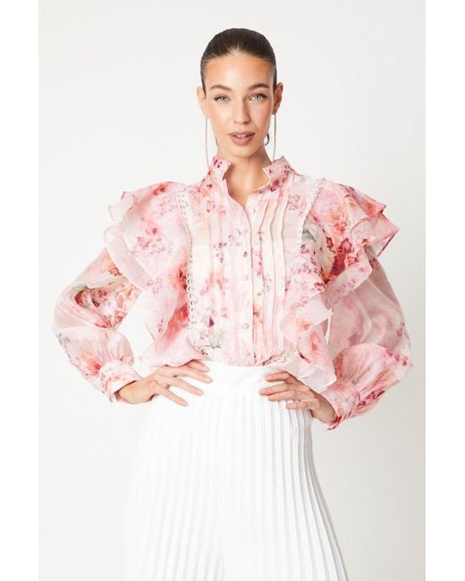 Coast Pink Printed Pintuck Ruffle Blouse With Volume Sleeve