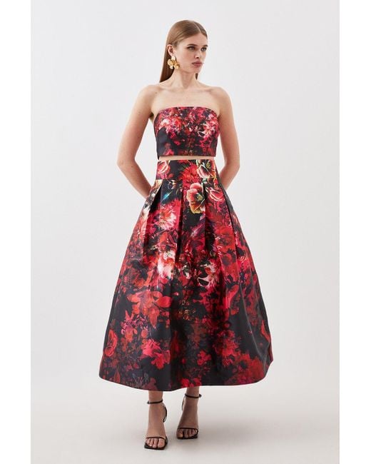 Karen Millen Red Floral Printed Satin Twill Woven Maxi Prom Skirt