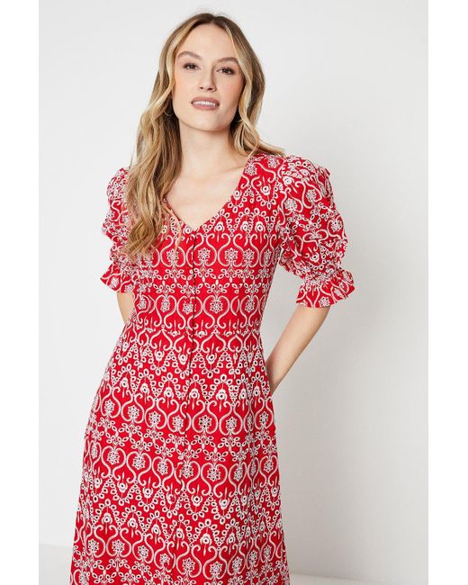 Dorothy Perkins Red Broderie Button Through Midi Dress