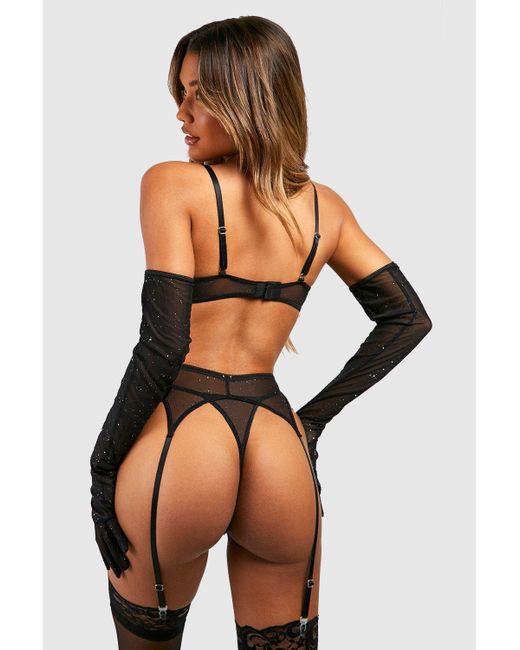 Boohoo Sparkle Lingerie And Suspender Set With Gloves in Black