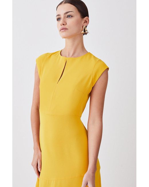 Karen Millen Yellow Petite Soft Tailored Key Hole Cap Sleeve High Low Dress