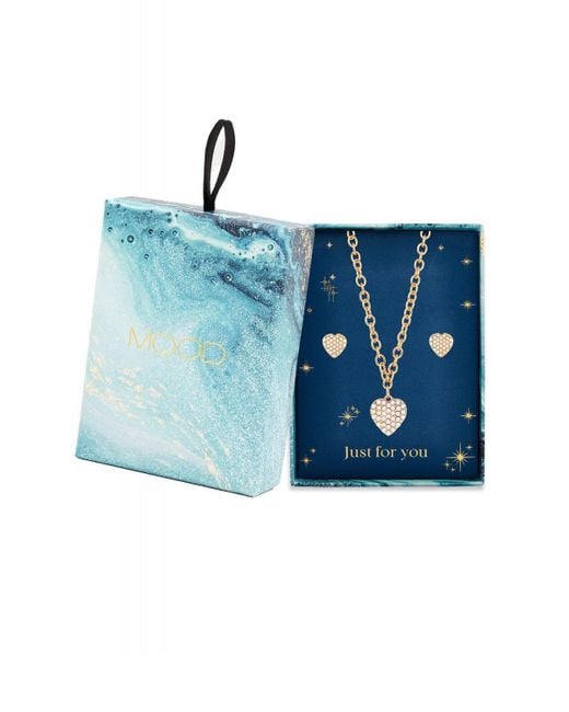 Mood Blue Gold Plated Pave Pearl Necklace And Earring Set - Gift Boxed