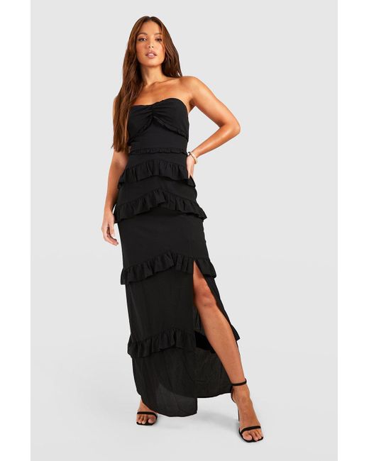 Boohoo Black Tall Bandeau Ruffle Split Side Maxi Dress