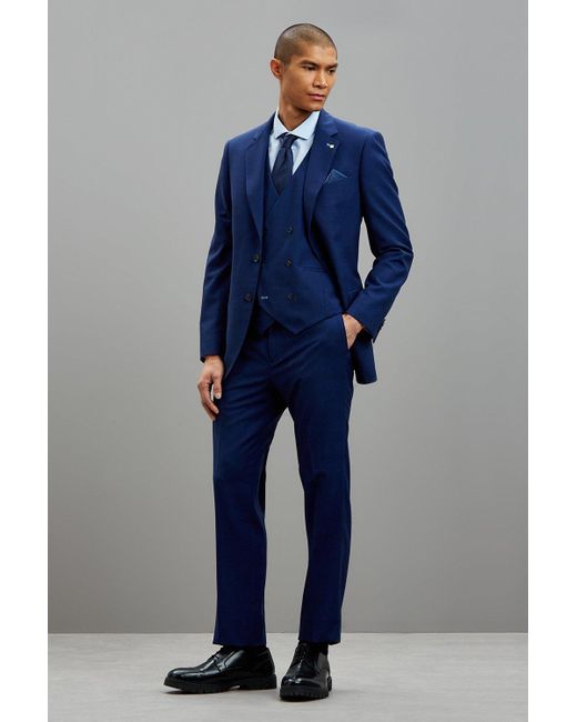 Burton Tailored Fit Blue Self Check Waistcoat for men